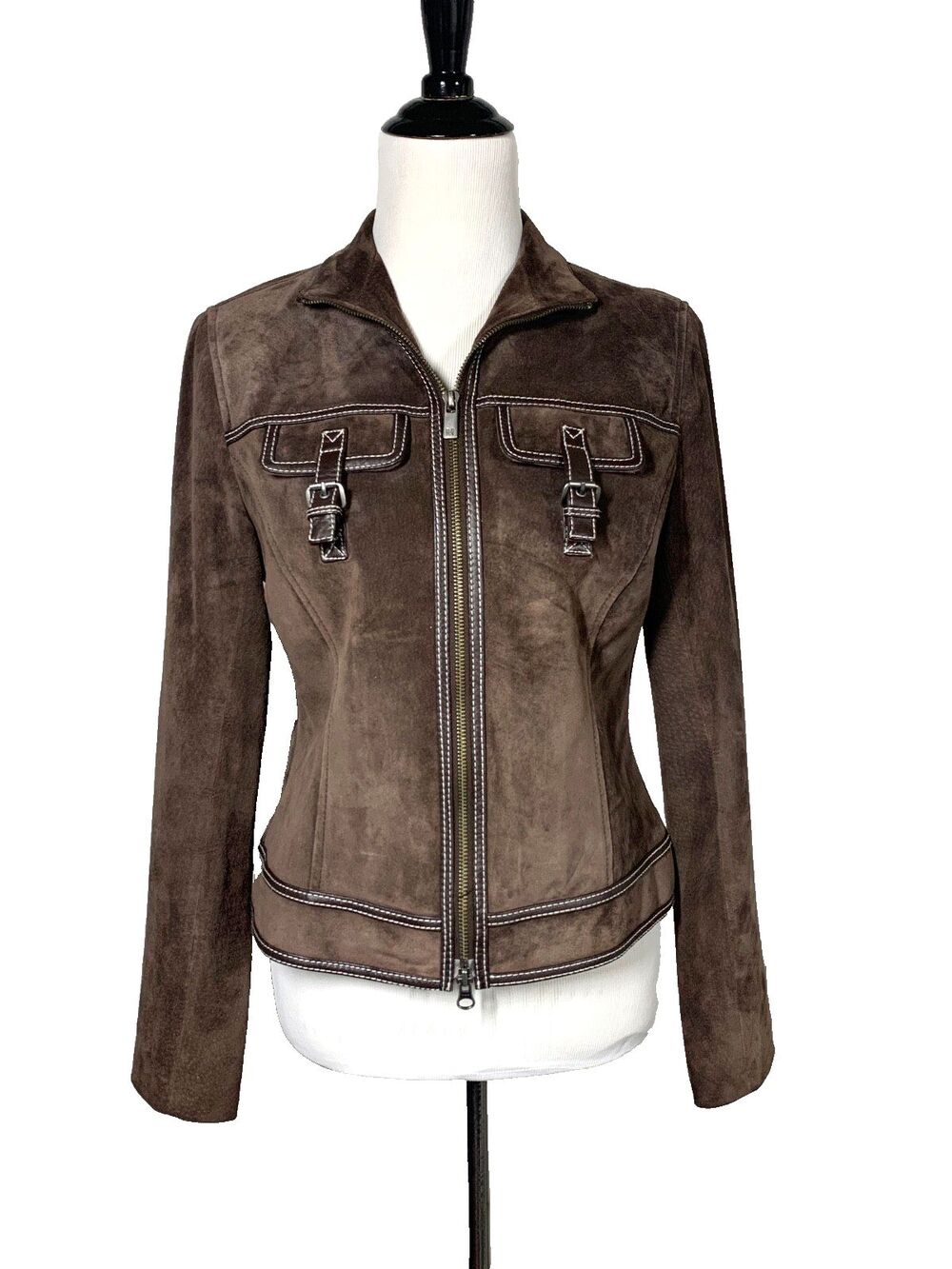 Michael Kors Brown Suede Jacket Womens Size M Buckle Pockets Utility Moto Coat